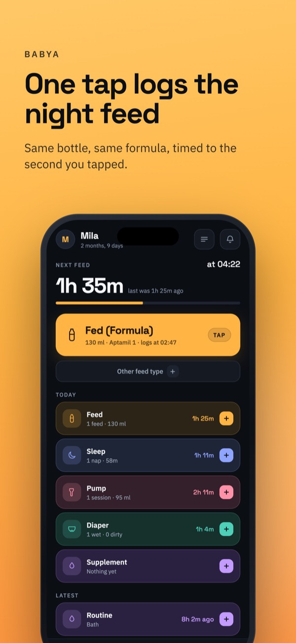 Home screen with the next-feed countdown and the one-tap Fed button