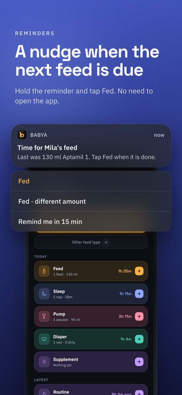 A feed reminder with its three buttons: Fed, Fed with a different amount, and remind me in 15 minutes