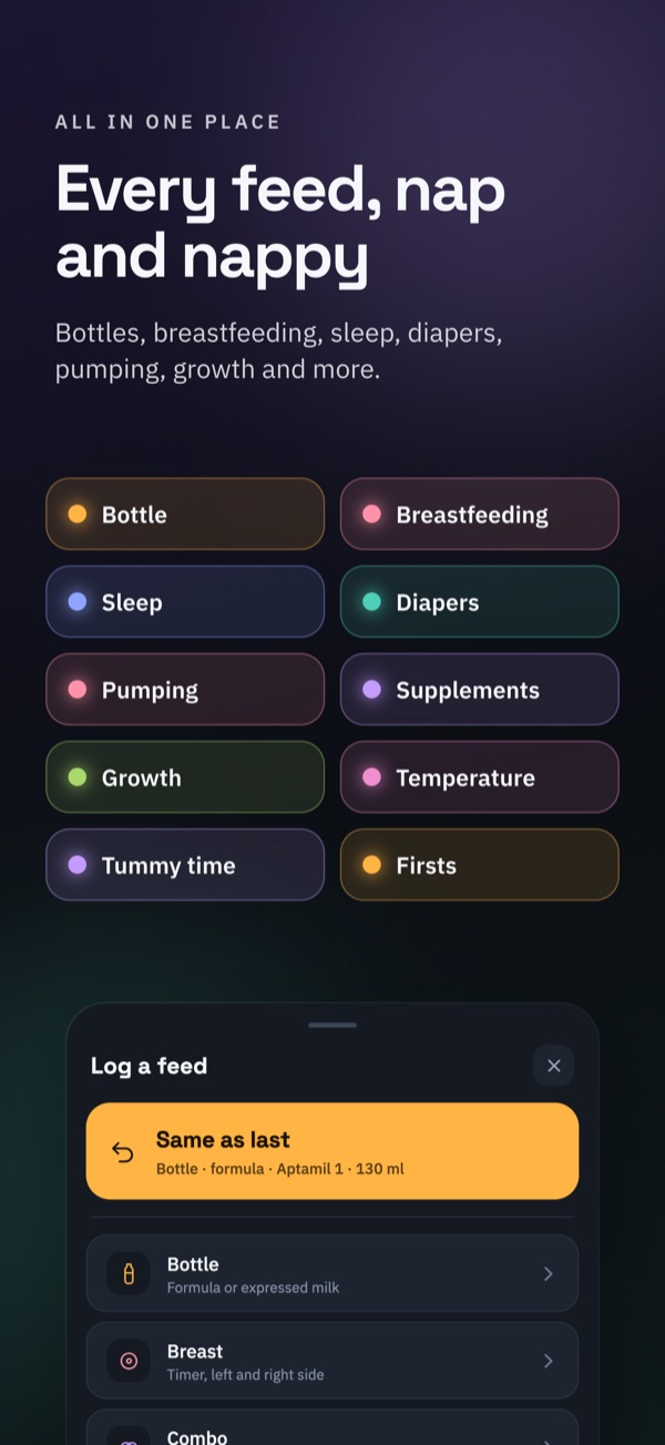 Everything Babya tracks, from bottles and sleep to growth and firsts, with the Log a feed sheet