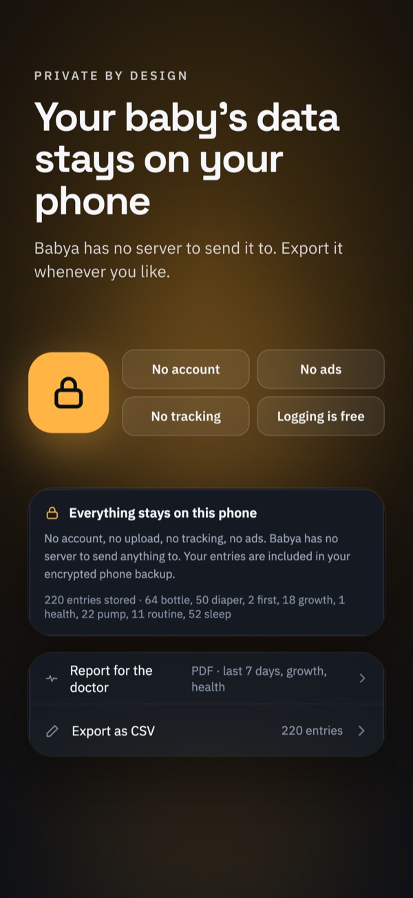 The privacy card: no account, no ads, no tracking, and everything stays on the phone